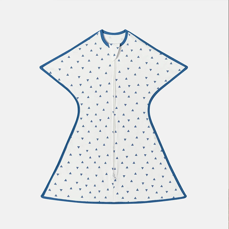 White lightweight baby sleep sack with blue triangle patterns, designed for infants' peaceful slumber.
