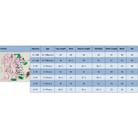 Girls Christmas pajama size chart showing measurements for Santa and tree print 2-piece sets with puffy green accents for ages 12 months to 7 years.