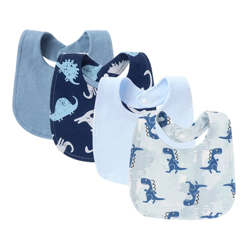 4 PC Baby Fun Print Bibs Burp Cloth Set - 4 Designs featuring fun dinosaur patterns, great for adventurous little ones.