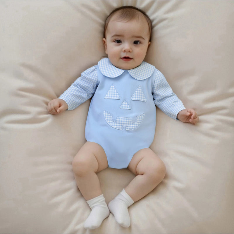 Baby wearing the "Peter Pumpkin" Adorable Baby Blue Romper with Snaps, showcasing a cute pumpkin design and classic Peter Pan collar.