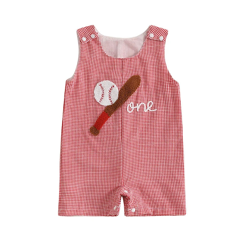 "Baseball Sweetie" Checked Romper