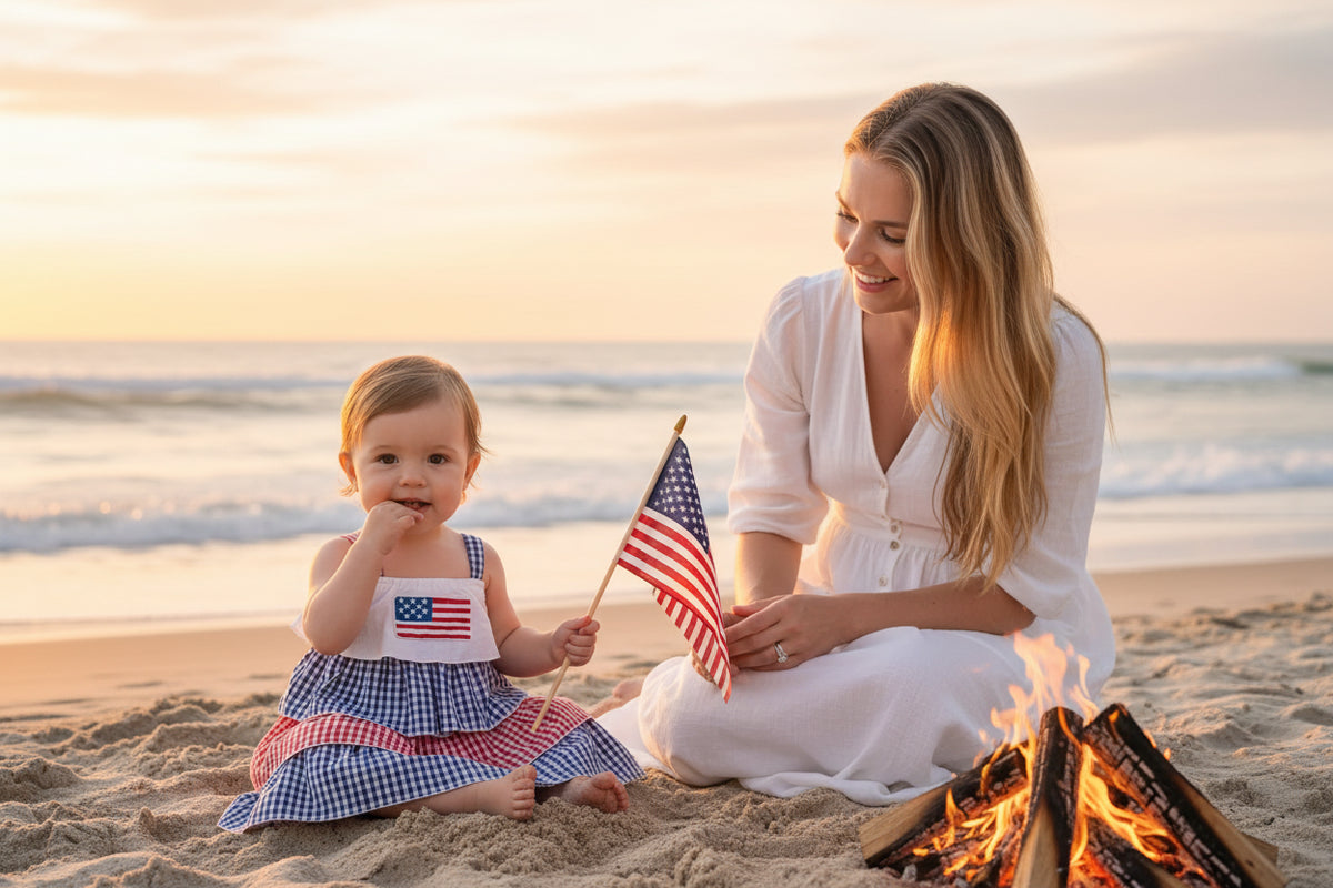 Child in a patriotic dress sitting on a wooden floor with American flags and decor in the background.