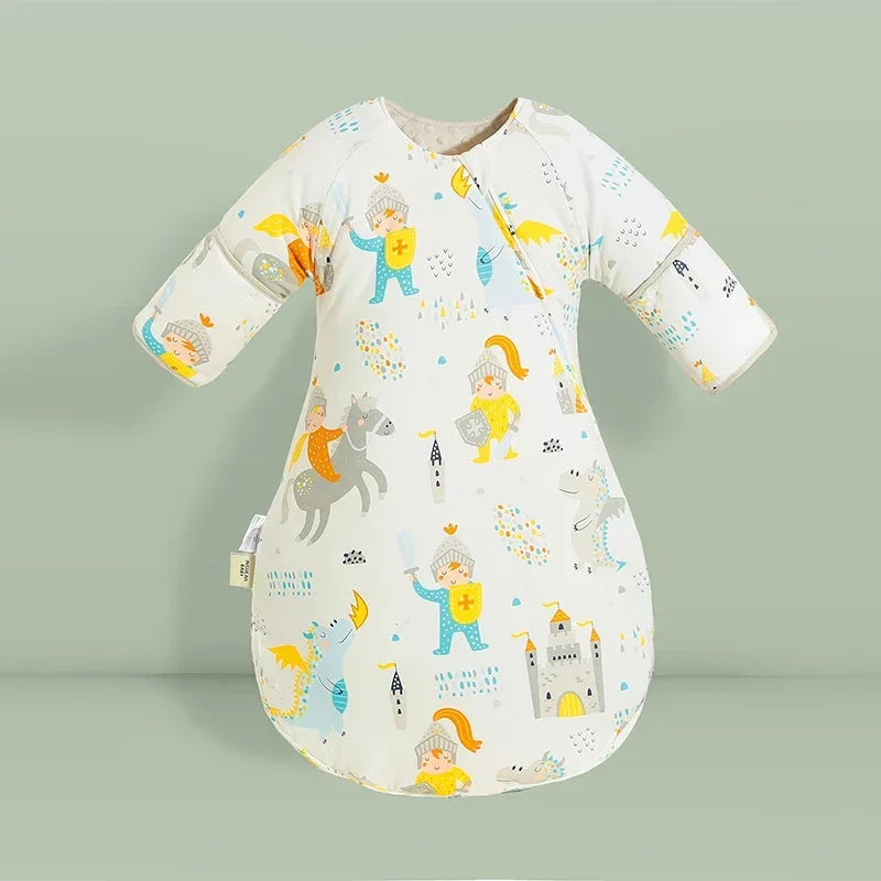 Cozy Baby Sleep Sack With Detachable Sleeves depicting a whimsical knight theme, crafted for babies and toddlers sleeping soundly.