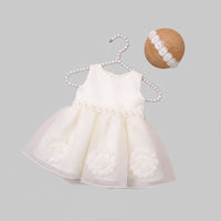 Lara Elegant ivory infant dress set with oversized bow and beaded headband; newborn to 3 months, zip back, tulle skirt.