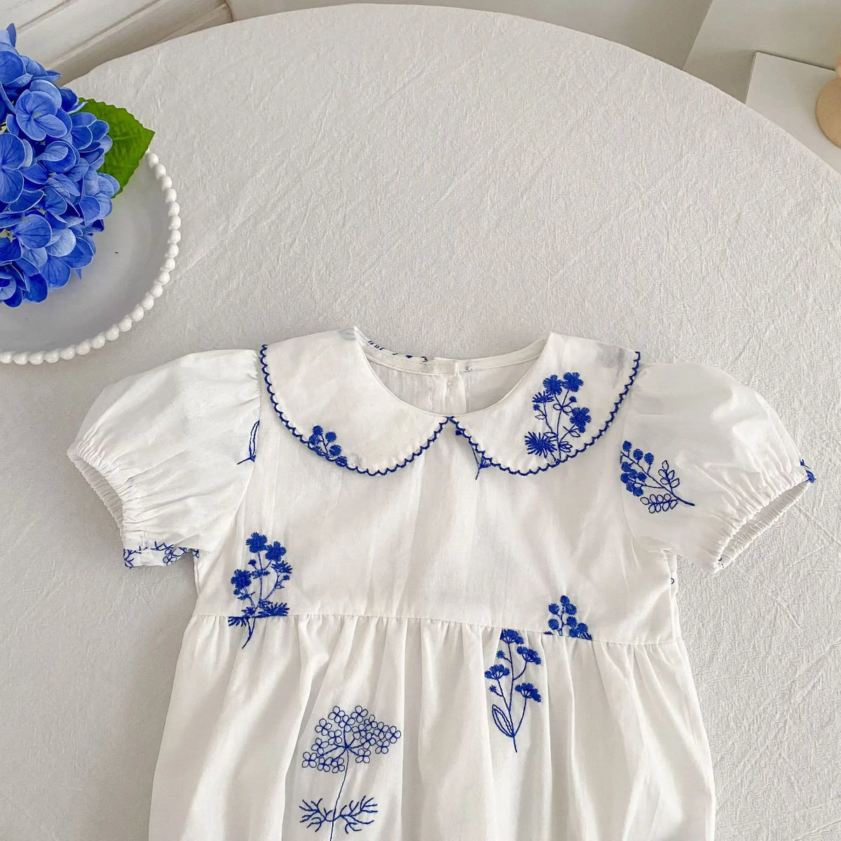 Blue Fleurs Peter Pan Collared Sibling Toddler Bubble Romper 1-24 mos. - The Palm Beach Baby Estimated 12 - 20 Day Shipping