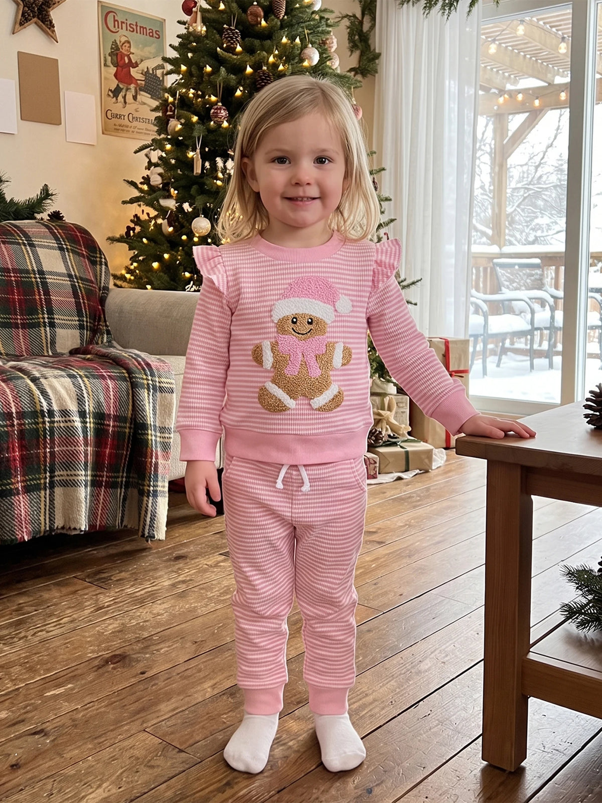 Toddler girl wearing pink and white striped waffle knit 2-piece set with Gingerbread Baby embroidery near a Christmas tree.