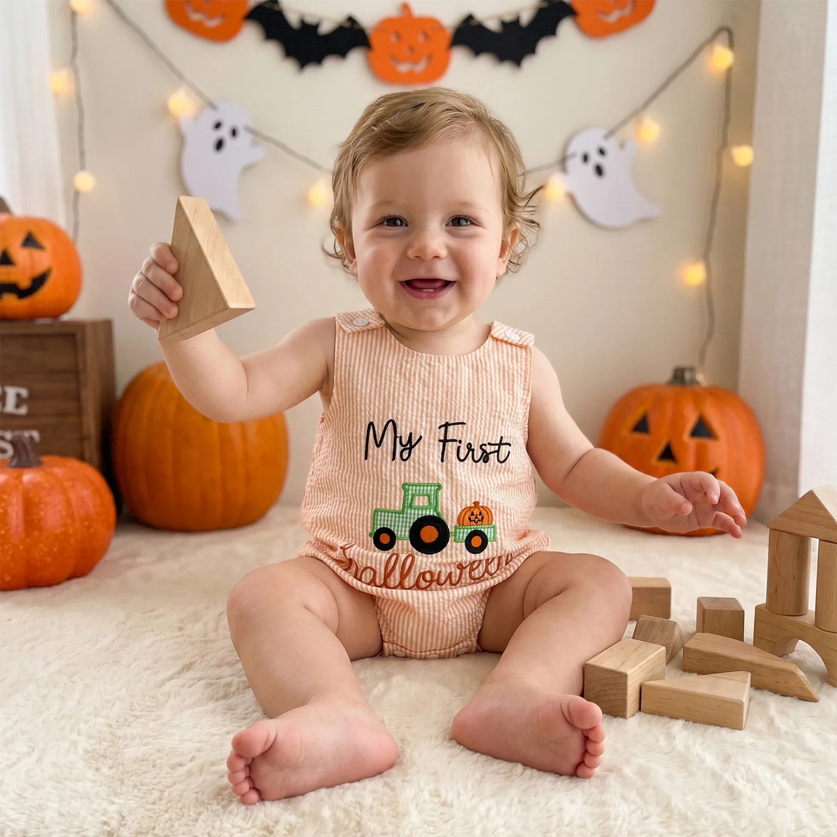 Smiling baby in orange and white seersucker bubble with "My First Halloween" truck appliqué, surrounded by pumpkins and wooden blocks.