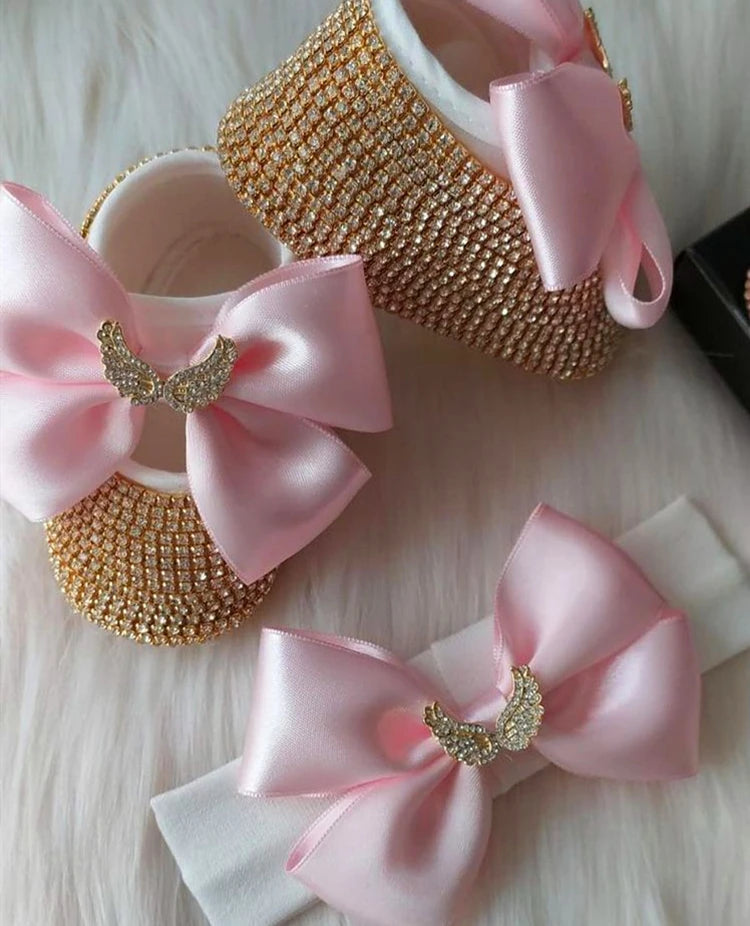 Luxurious Bling Shoes and Headpiece Set - Winged Gold and Pink