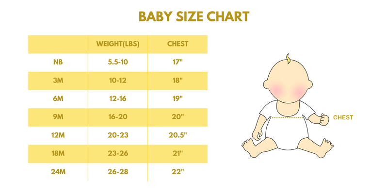 Baby size chart showing weight and chest measurements for sizes NB to 24M, with illustration for measuring chest circumference.