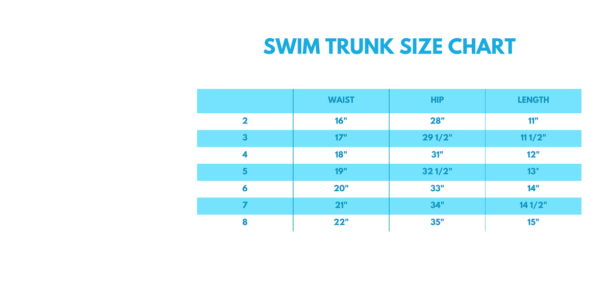 Swim trunk size chart with measurements on a white background