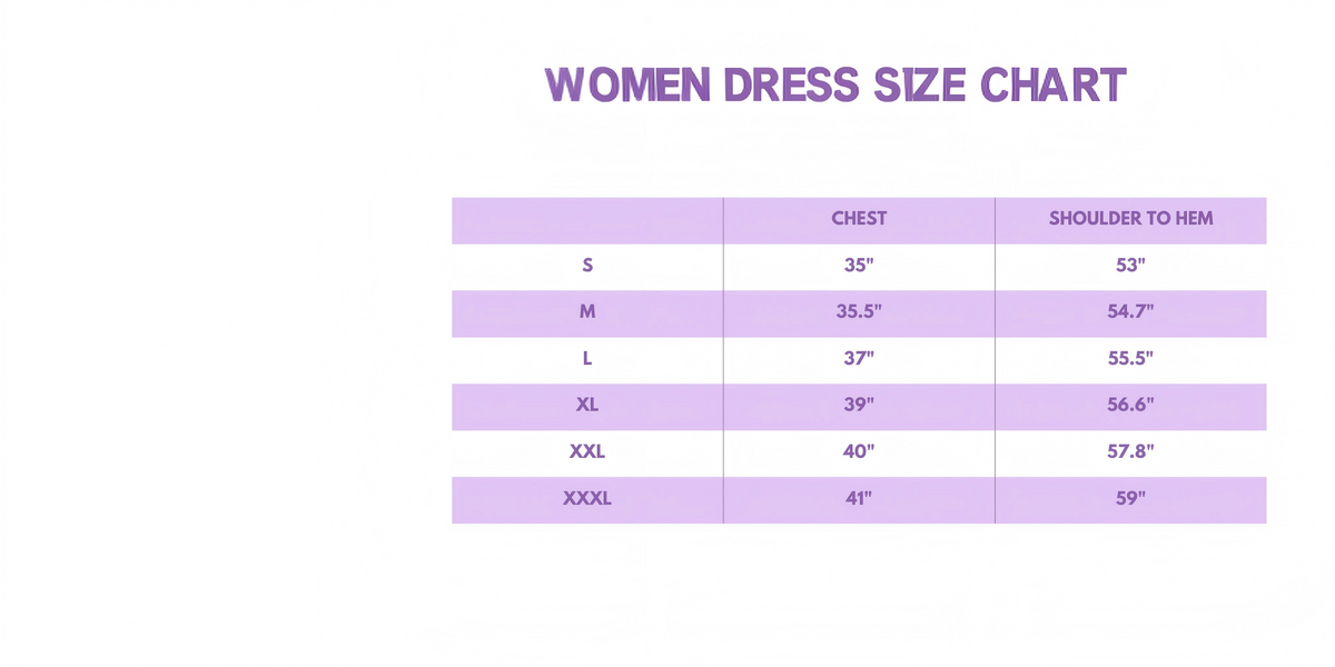 Women's dress size chart with measurements on a light purple background