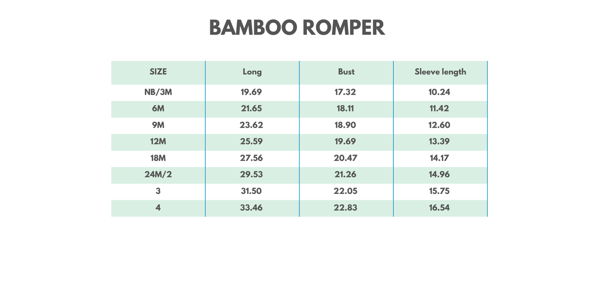 Table displaying measurements for a bamboo romper across various sizes.