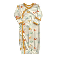 GOTS certified organic cotton baby gown featuring colorful smiley bolts print and mustard yellow trim with side snap closure.