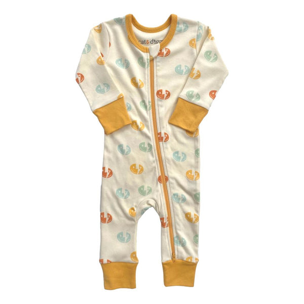 GOTS certified organic cotton zip romper with smiley bolt print and mustard trim. Chemical-free baby clothing.
