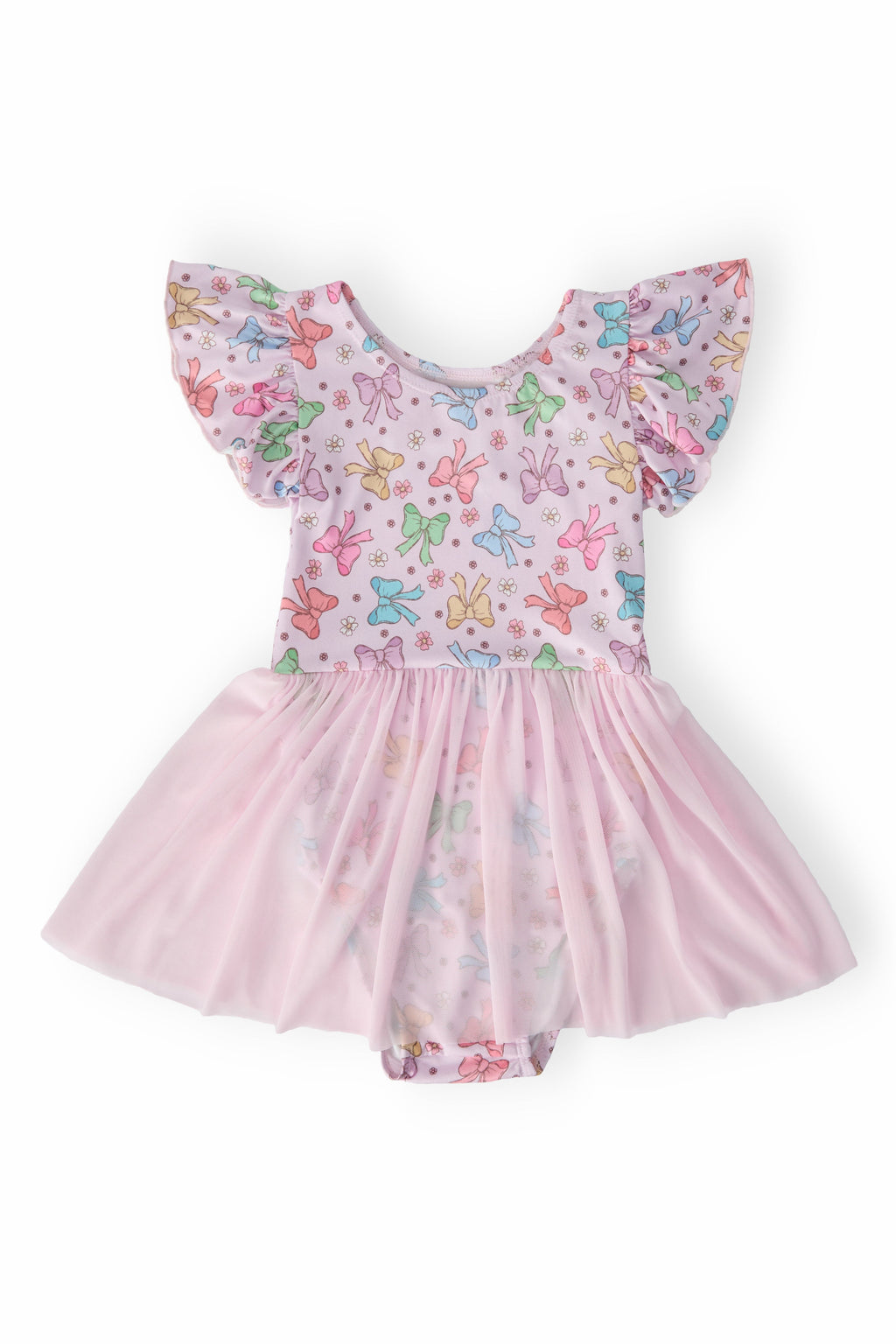 Springtime Bows Short Sleeve Twirl Leotard by Mila & Rose featuring a colorful bunny and bow design with a pink tulle skirt, perfect for young dancers.