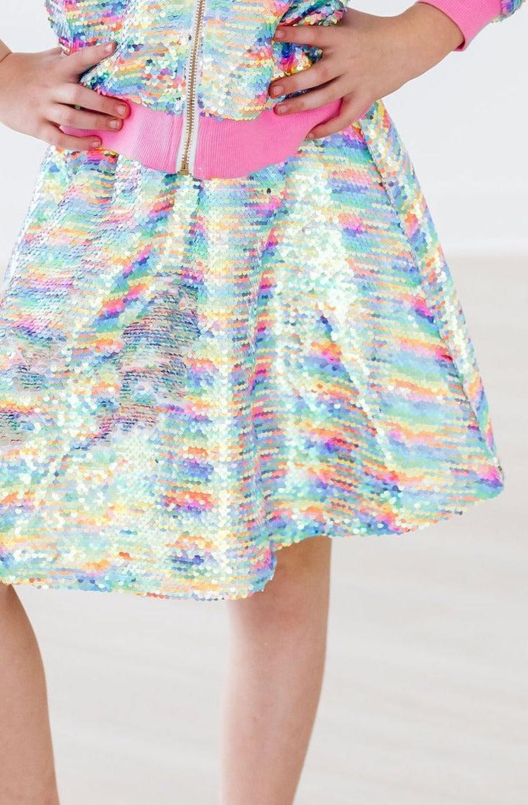 Close-up of the colorful sequins on the Colorful Sprinkles Flip Sequin Twirl Skort for Girls, highlighting the playful design and sparkling details.