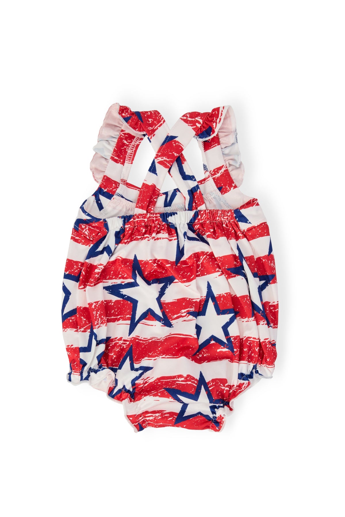 Fun and vibrant Stars & Stripes Ruffle Cross Back Romper for Toddlers showcasing shoulder ruffle detail.