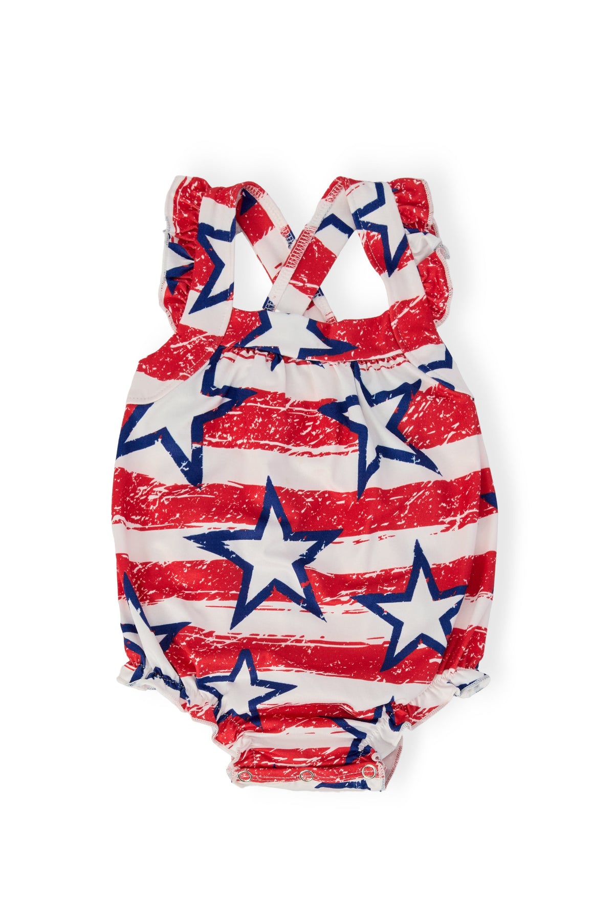 Comfortable and stylish Stars & Stripes Ruffle Cross Back Romper for Toddlers perfect for summer adventures.
