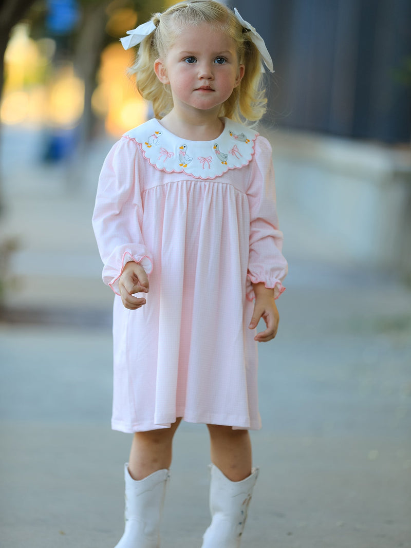 Pink Goose Embroidered Baby Girl Dress Peter Pan Collar Bow Dress - The Palm Beach Baby