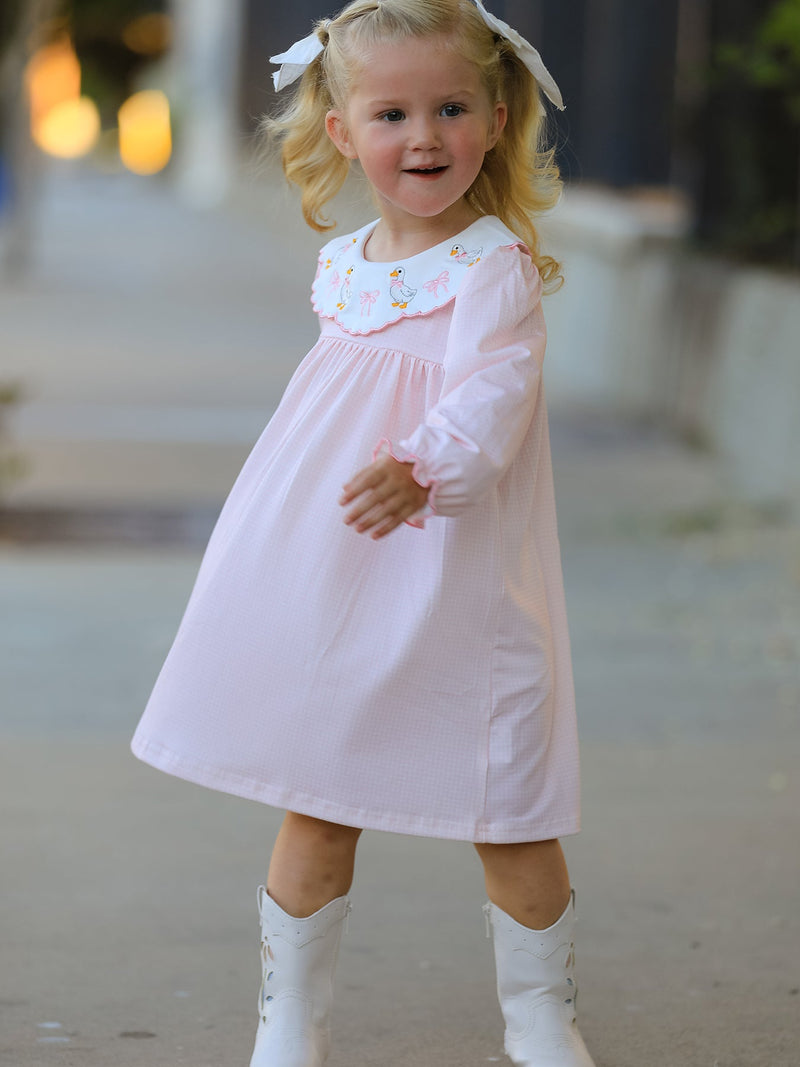 Pink Goose Embroidered Baby Girl Dress Peter Pan Collar Bow Dress - The Palm Beach Baby