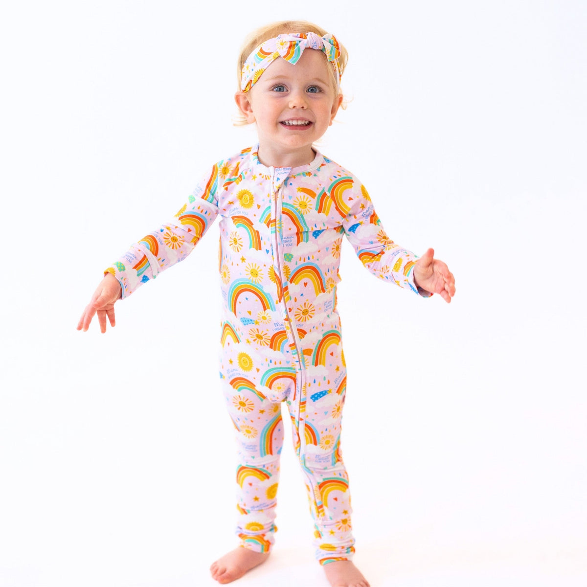 The Second-Skin Convertible Romper for Toddlers | Here Comes the Sunshine displayed with its two-way zipper feature, emphasizing the convenience of this convertible romper for toddlers.