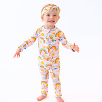 The Second-Skin Convertible Romper for Toddlers | Here Comes the Sunshine displayed with its two-way zipper feature, emphasizing the convenience of this convertible romper for toddlers.