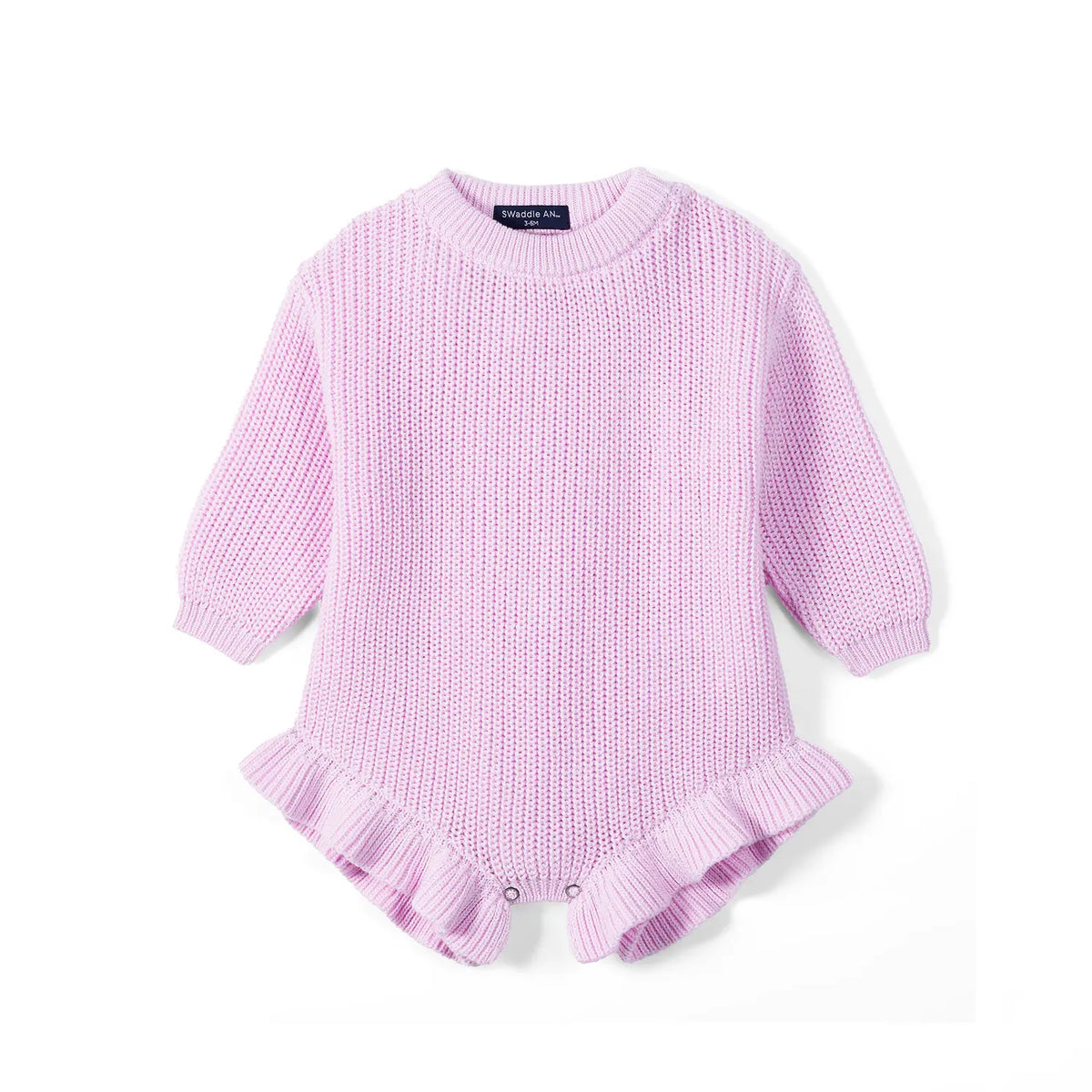 Lilac chunky knit baby romper flat lay with ribbed cuffs and ruffled leg openings