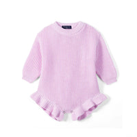 Lilac chunky knit baby romper flat lay with ribbed cuffs and ruffled leg openings