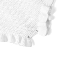 Macro shot of metal snap button and soft textured ruffle detail at white romper leg opening