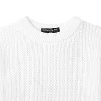 Close-up of white chunky knit texture and black SWaddle AN Inc label inside neckline
