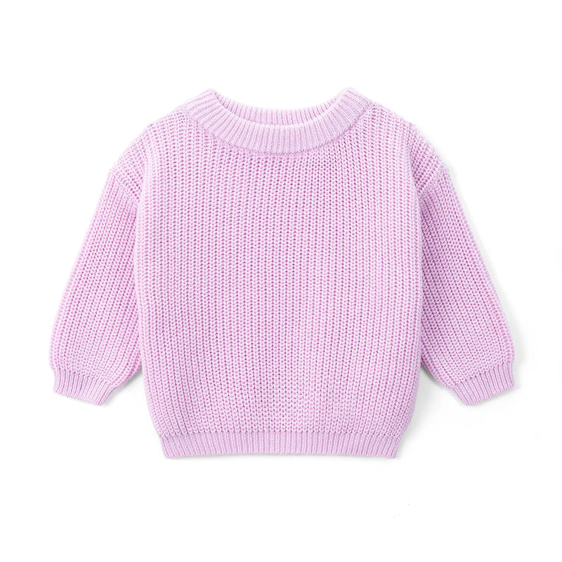 Light lilac baby sweater flat lay with ribbed cuffs and hem on white background