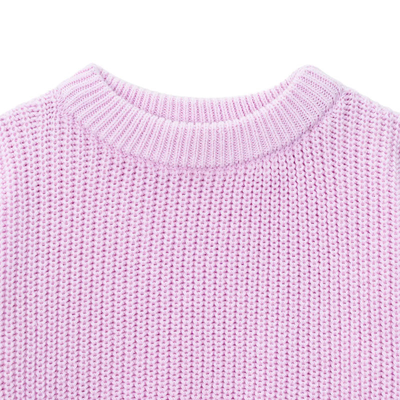 Close up of crewneck collar showing soft cotton knit texture in lilac