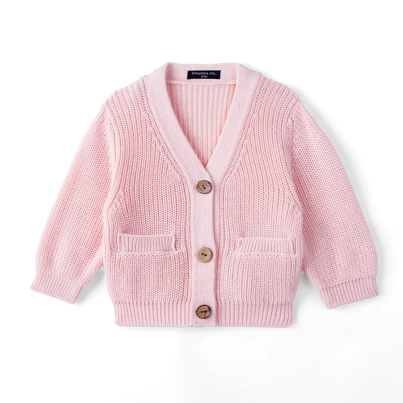 Light pink baby cardigan flat lay with V-neck, ribbed cuffs, two front pockets, and three wooden buttons