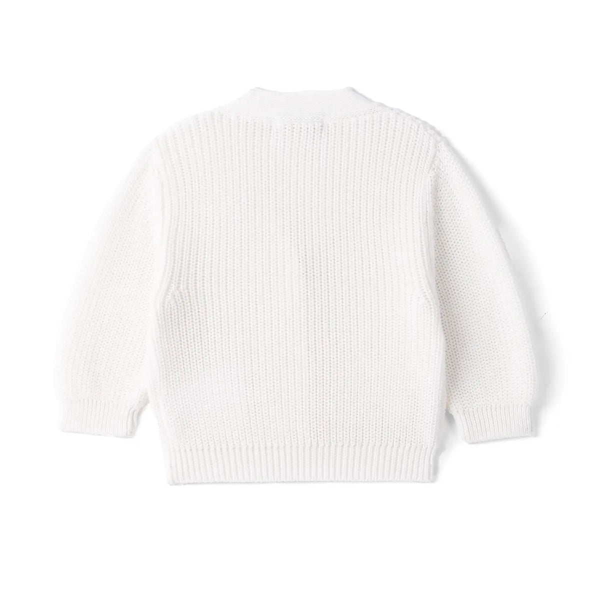 Back view of white baby cardigan with vertical ribbing on panel, sleeves, and hemline