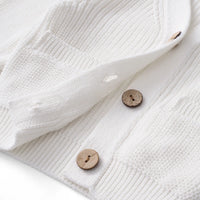 Macro shot of white cotton knit texture and natural wooden buttons with visible stitching