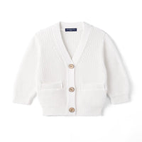 White baby cardigan with V-neck, three wooden buttons, and two front pockets against a plain background