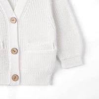 Side view of white cardigan pocket detail, ribbed cuff, and aligned wooden buttons on placket