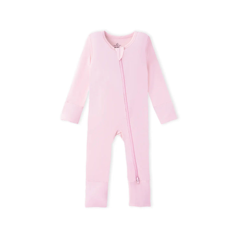 Light pink convertible footie pajamas flat lay with front zipper and fold-over cuffs