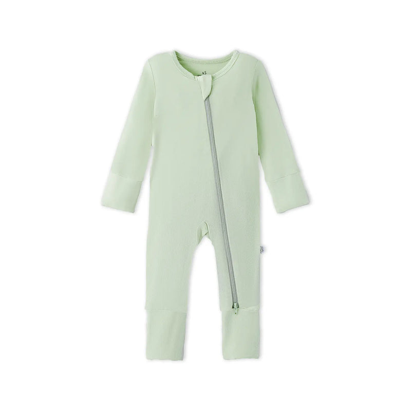 Sage green bamboo footie pajamas flat-lay with grey zipper and fold-over cuffs on white background