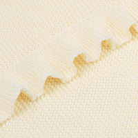 Macro close-up of 100% cotton waffle weave texture and gathered ruffle trim detail