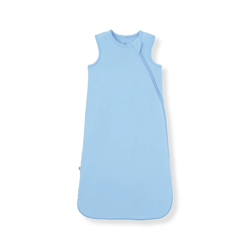 Light blue sleeveless bamboo sleep sack with diagonal zipper on white background