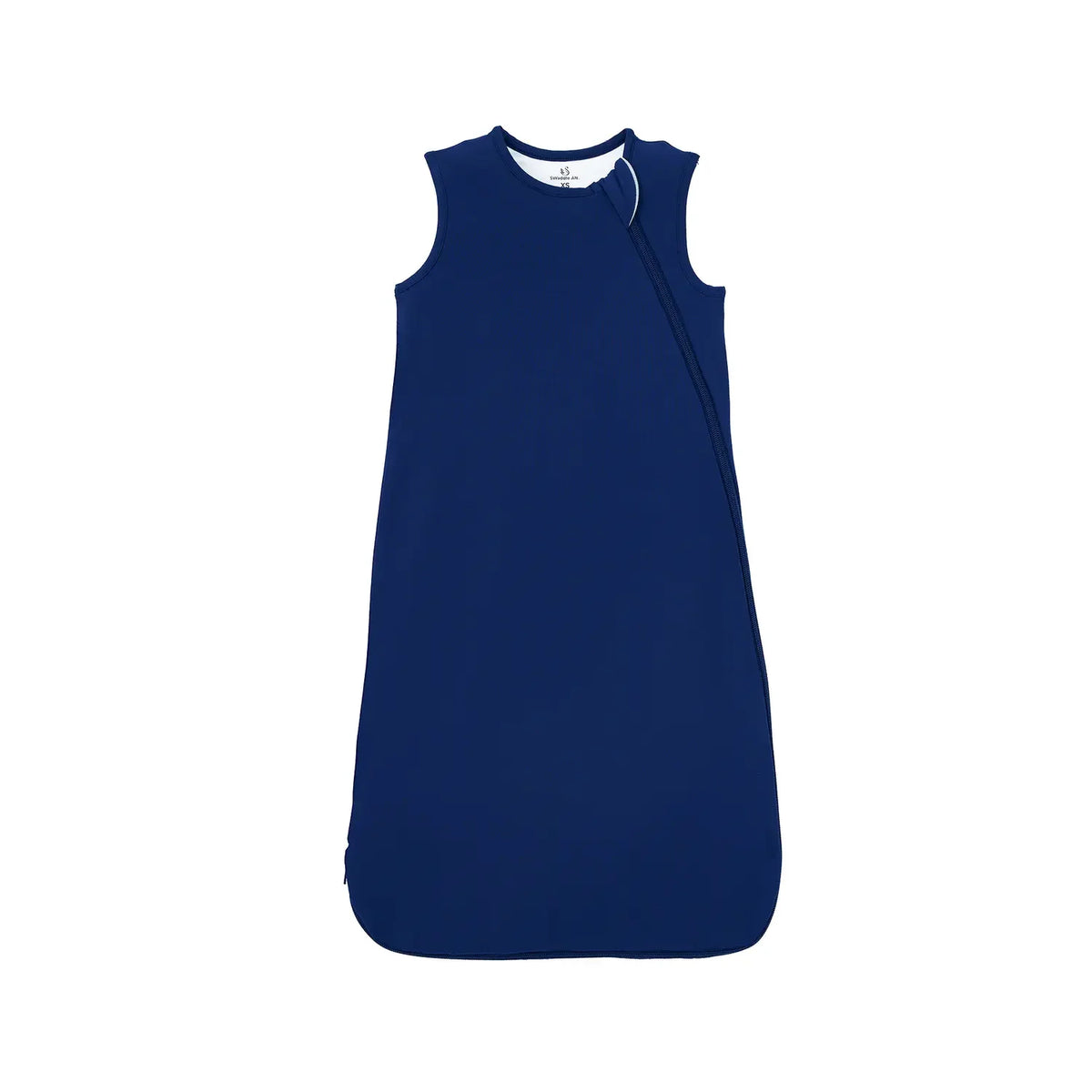Navy blue bamboo sleep sack with diagonal zipper on white background