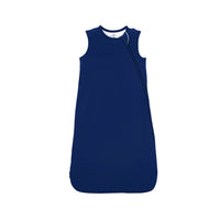 Navy blue bamboo sleep sack with diagonal zipper on white background