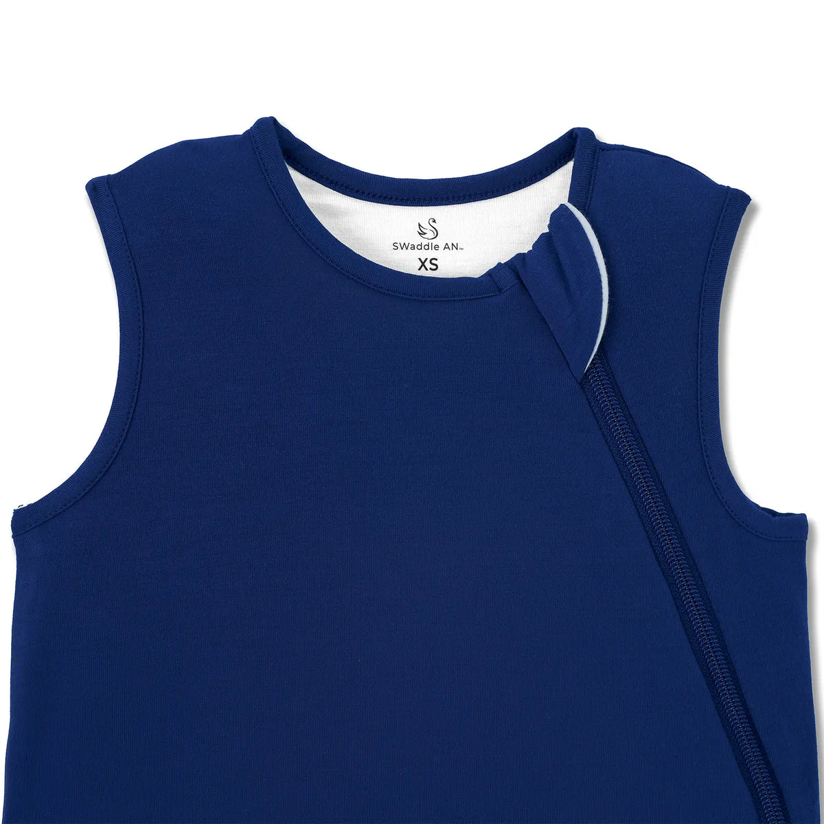 Ribbed collar and white-edged zipper track on navy baby sleep sack