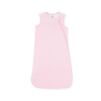 Dusty rose pink sleeveless bamboo sleep sack flat lay with diagonal zipper on white background