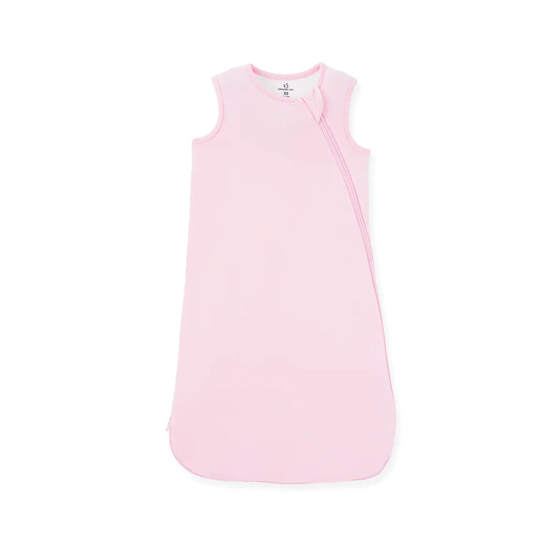 Dusty rose pink sleeveless bamboo sleep sack flat lay with diagonal zipper on white background