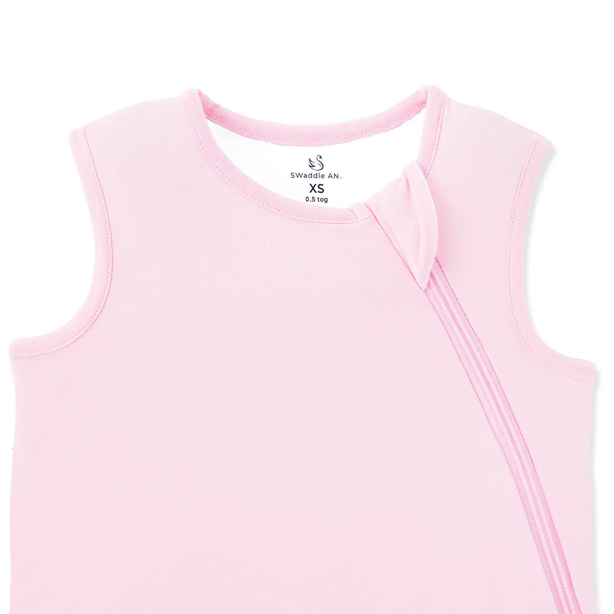 Ribbed collar trim and fabric zipper guard detail on dusty rose baby sleep sack neckline