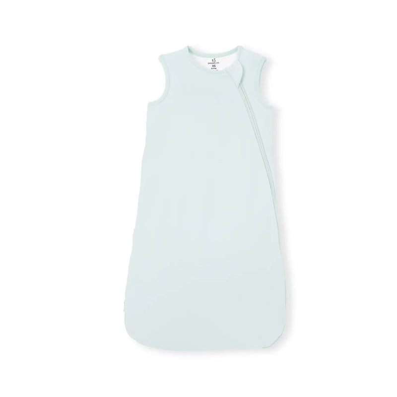 Mint green bamboo sleep sack flat lay with diagonal zipper on white background