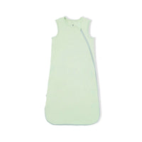 Sage green sleeveless bamboo sleep sack with diagonal zipper on white background