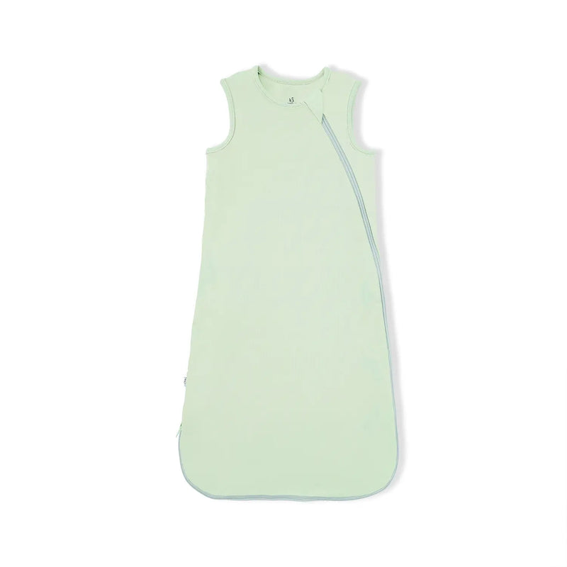 Sage green sleeveless bamboo sleep sack with diagonal zipper on white background